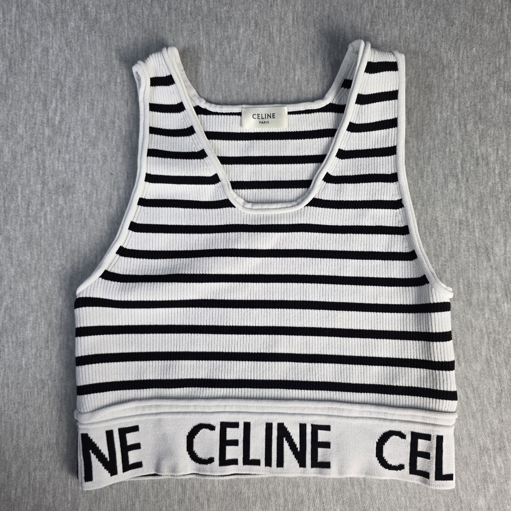 Celine Black and White Striped Ribbed Crop Tank